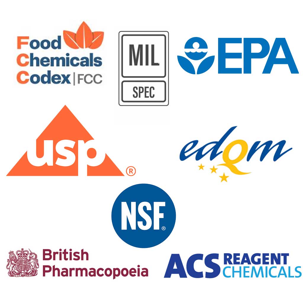 Logotipos de especificaciones que Noah Chemicals cumple o supera